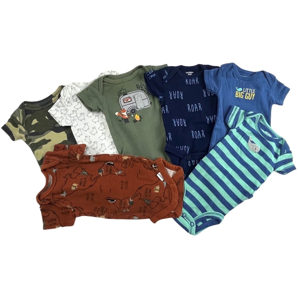 Gerber Carter's  Newborn Baby Boy Bodysuit Lot 7 Pc Short Sleeve Cotton Camo